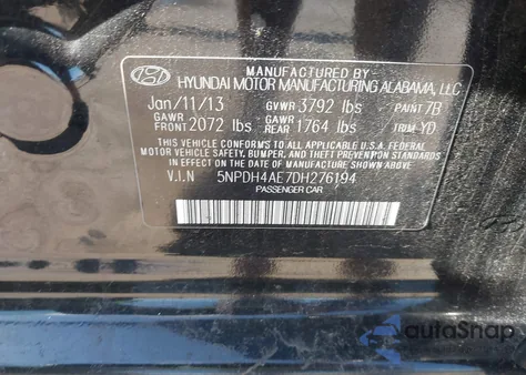 2013 Hyundai Elantra Gls from USA, damaged, VIN 5NPDH4AE7DH276194